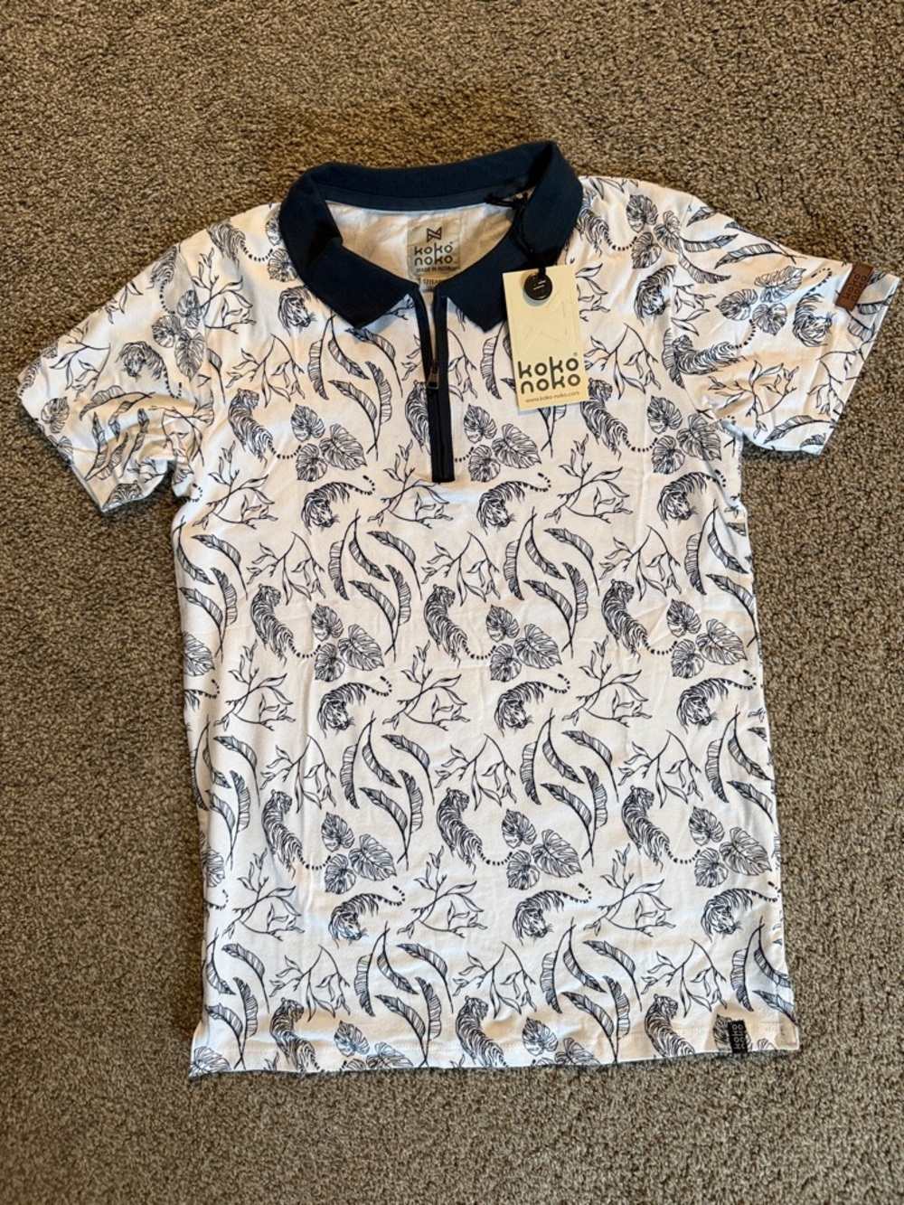 White & Navy Botanical Zip Polo for Kids